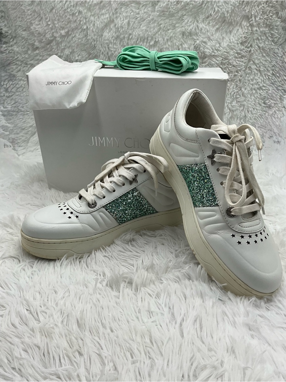 Jimmy Choo Hawaii Sneakers Size EU 39.5 White Leather Teal Glitter COA Included